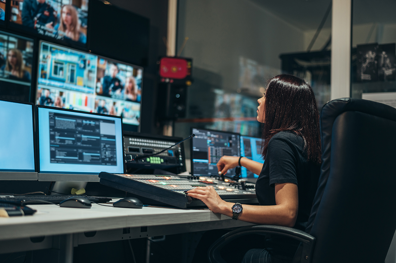 Young beautiful woman working in a broadcast control room on a tv station